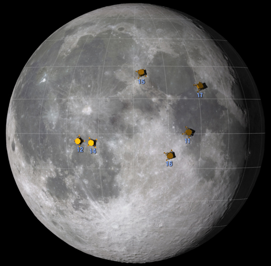 Lokacije sletanja Apolo misija Lokacije sletanja Apolo misija. (Credit: NASA's Goddard Space Flight Center Scientific Visualization Studio)